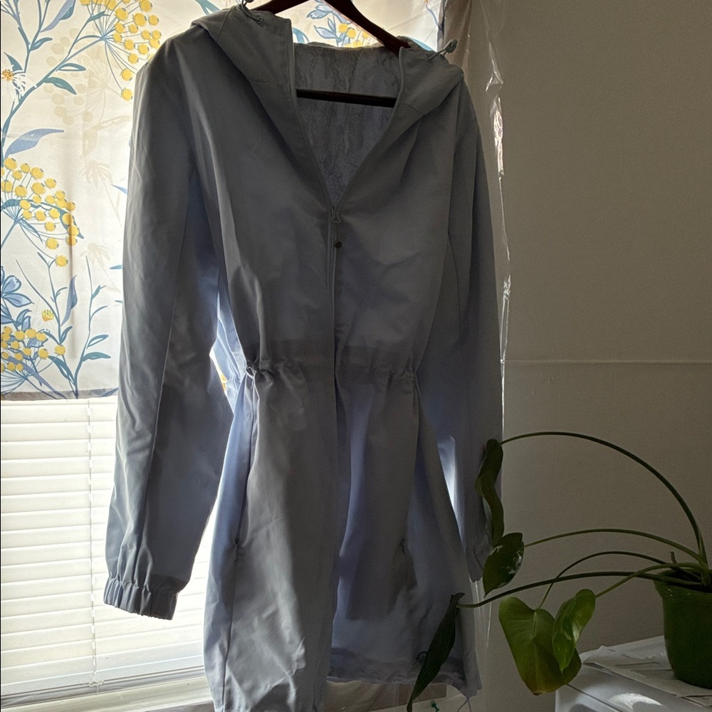 Trench Jacket Wind/Rain Light Blue Hooded Jacket Draw String